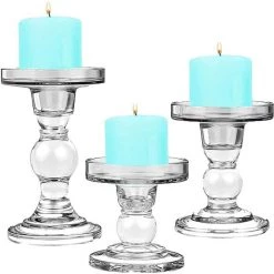 Vase Market Glass Pillar Taper Candle Holder Set Of 3, H-3.75", 4.5", 5.5" D-3.25" (Multiple Packing)