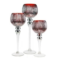 Vase Market Mercury Red Wavy Etched Glass Candle Holder, Set Of 3 (12", 14", 16")