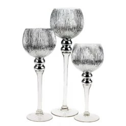 Vase Market Mercury Silver Wavy Etched Glass Candle Holder, Set Of 3 (12", 14", 16")
