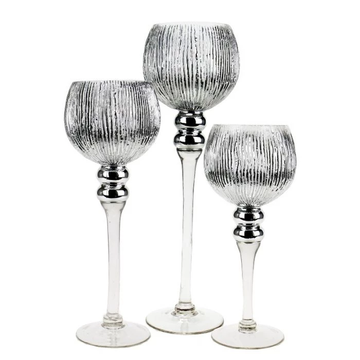 Vase Market Mercury Silver Wavy Etched Glass Candle Holder, Set Of 3 (12", 14", 16") 1 Vase Market Mercury Silver Wavy Etched Glass Candle Holder, Set Of 3 (12", 14", 16")