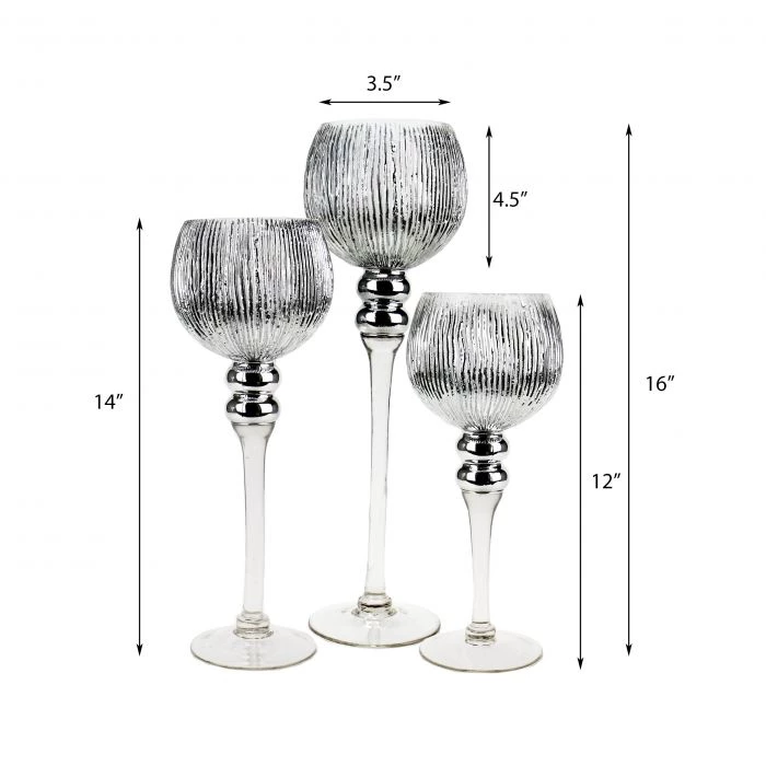 Vase Market Mercury Silver Wavy Etched Glass Candle Holder, Set Of 3 (12", 14", 16") 2 Vase Market Mercury Silver Wavy Etched Glass Candle Holder, Set Of 3 (12", 14", 16") - Image 2