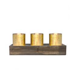 Vase Market Wood Rectangle Candle Holder Set With Glass Gold Chimney Candle Shade Tubes (L:18" W:6" H:6.25")