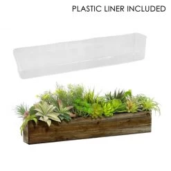 Vase Market Wood Rectangle Long Planter Box W/ Plastic Liner Natural H-4" Open-22"x 5"