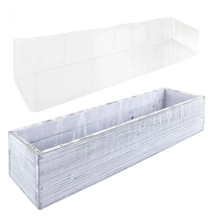 Vase Market Wood Rectangle White Planter Box W/ Plastic Liner H-4" Open-17" X 5" (Multiple Packing) 3 Vase Market Wood Rectangle White Planter Box W/ Plastic Liner H-4" Open-17" X 5" (Multiple Packing) - Image 3