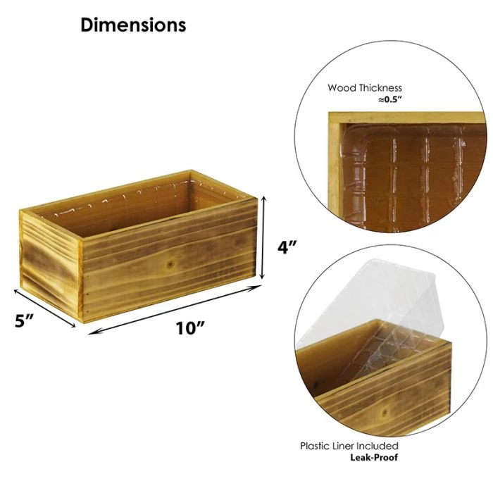 Vase Market Wood Rectangle Light Brown Planter Box W/ Plastic Liner H-4" Open-10"x5" (Multiple Packing) 2 Vase Market Wood Rectangle Light Brown Planter Box W/ Plastic Liner H-4" Open-10"x5" (Multiple Packing) - Image 2